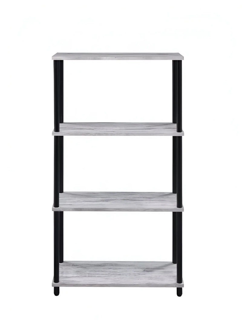 44" Antiqued White And Black Distressed Metal and Wood Four Tier Etagere Bookcase Homeroots Office