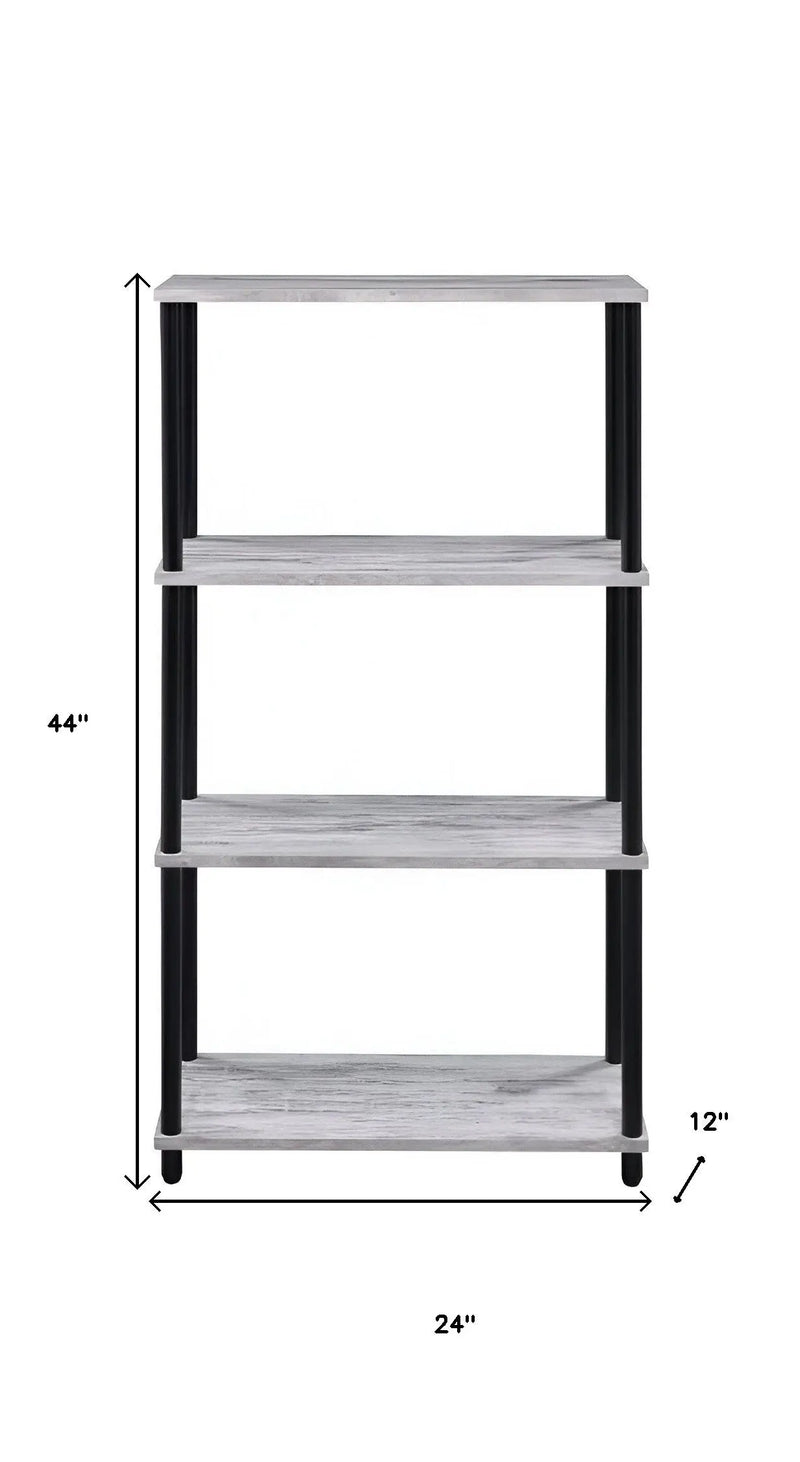 44" Antiqued White And Black Distressed Metal and Wood Four Tier Etagere Bookcase Homeroots Office