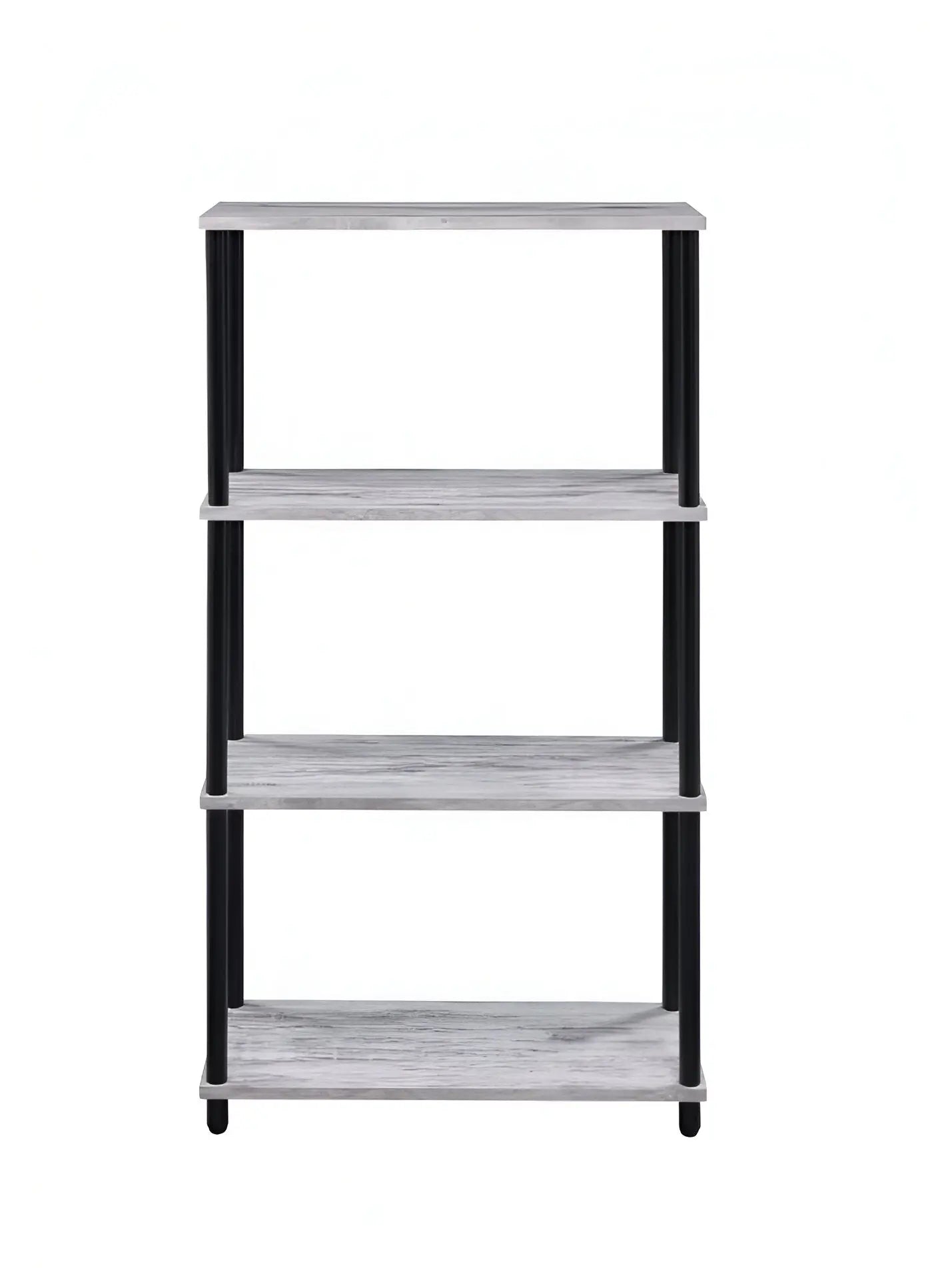 44" Antiqued White And Black Distressed Metal and Wood Four Tier Etagere Bookcase Homeroots Office
