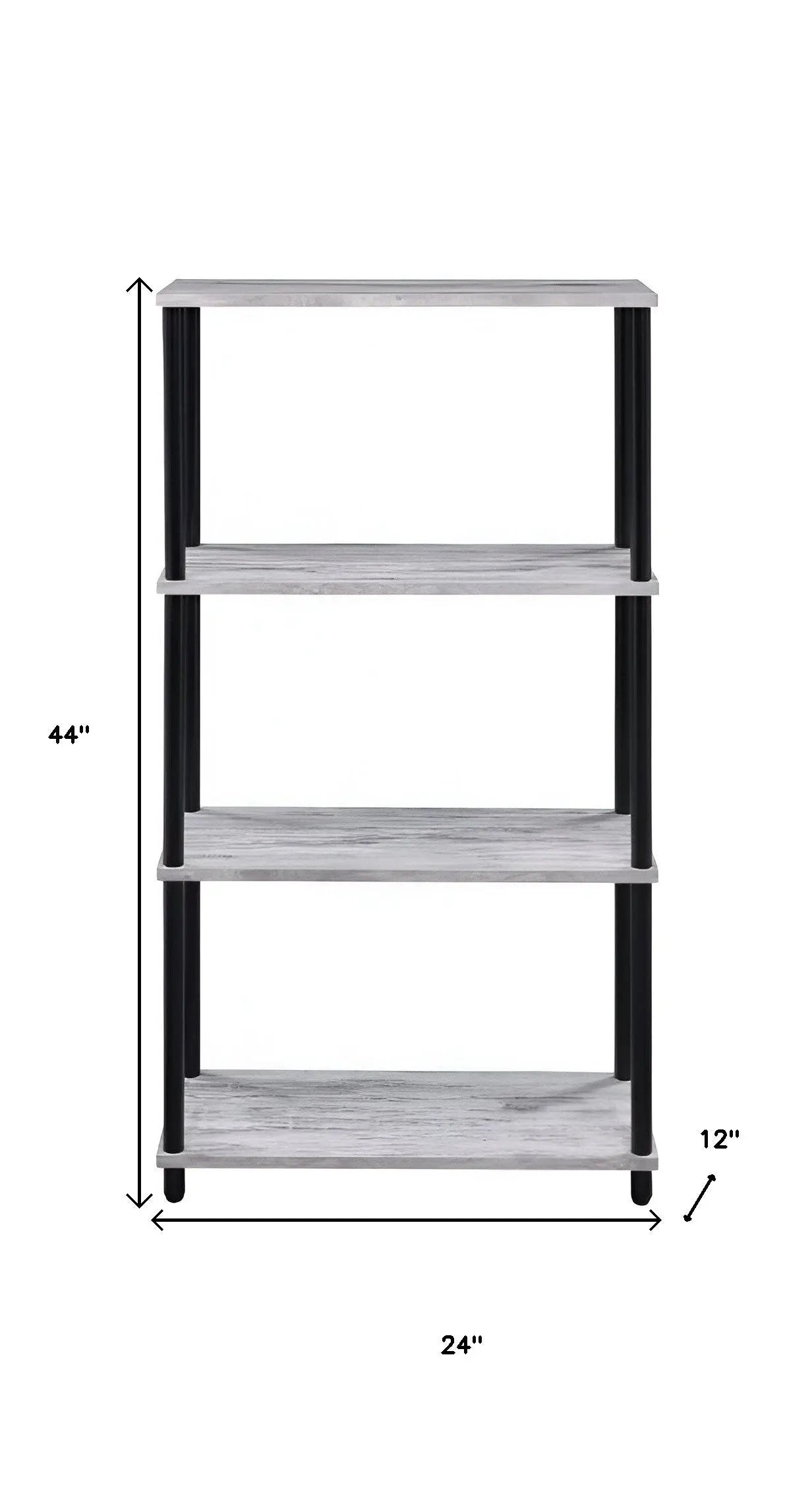 44" Antiqued White And Black Distressed Metal and Wood Four Tier Etagere Bookcase Homeroots Office