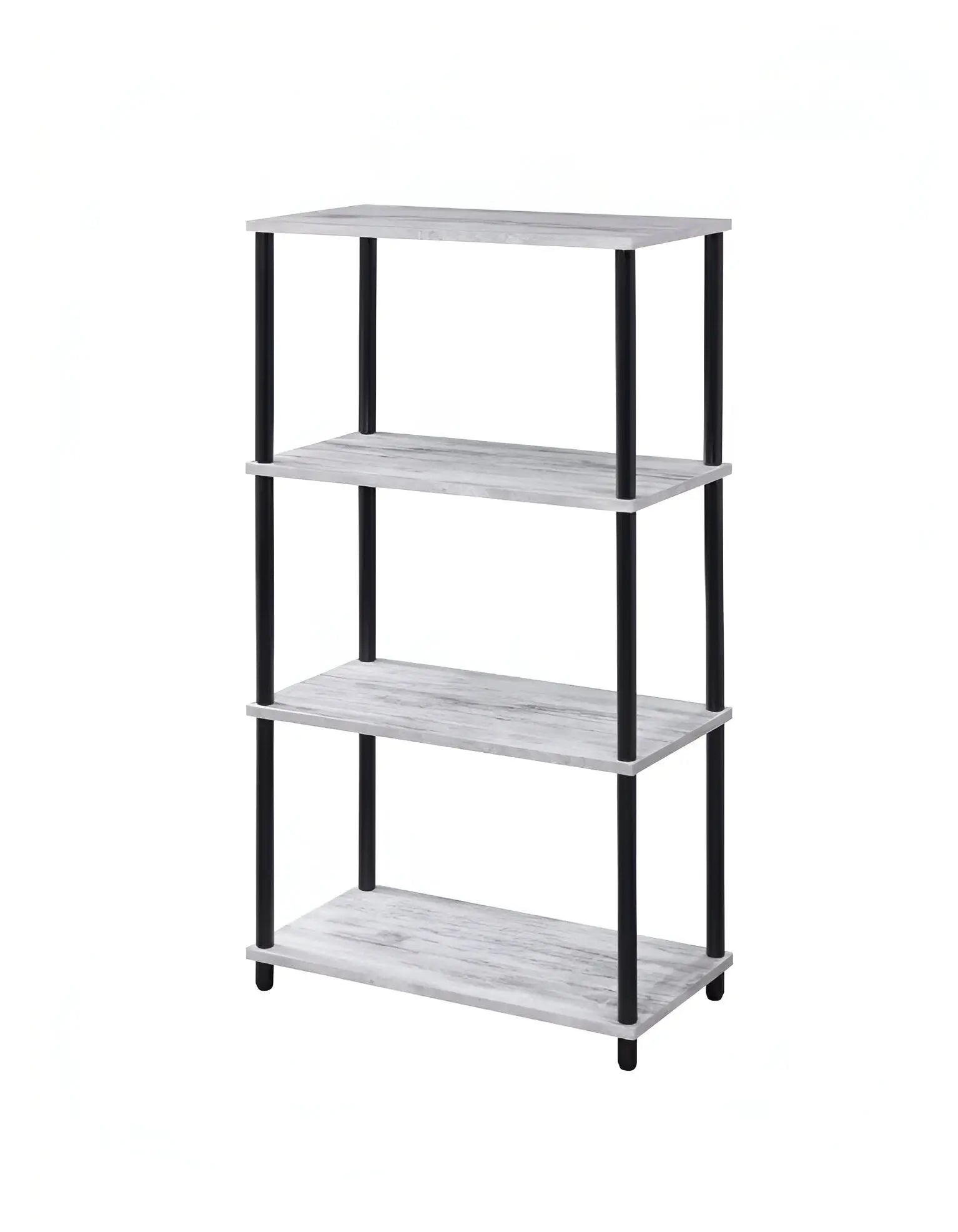 44" Antiqued White And Black Distressed Metal and Wood Four Tier Etagere Bookcase Homeroots Office