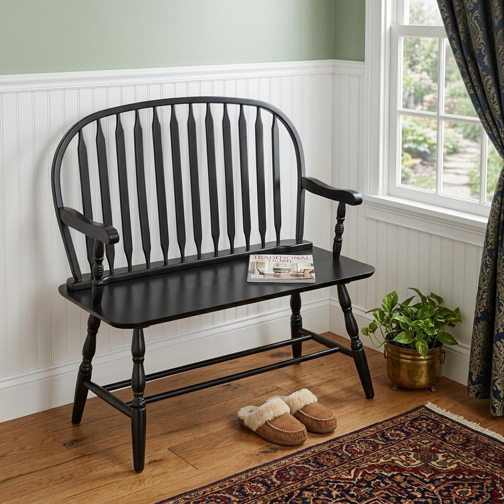 44" Black Wood Windsor Spindle Back Bench Homeroots Living Room