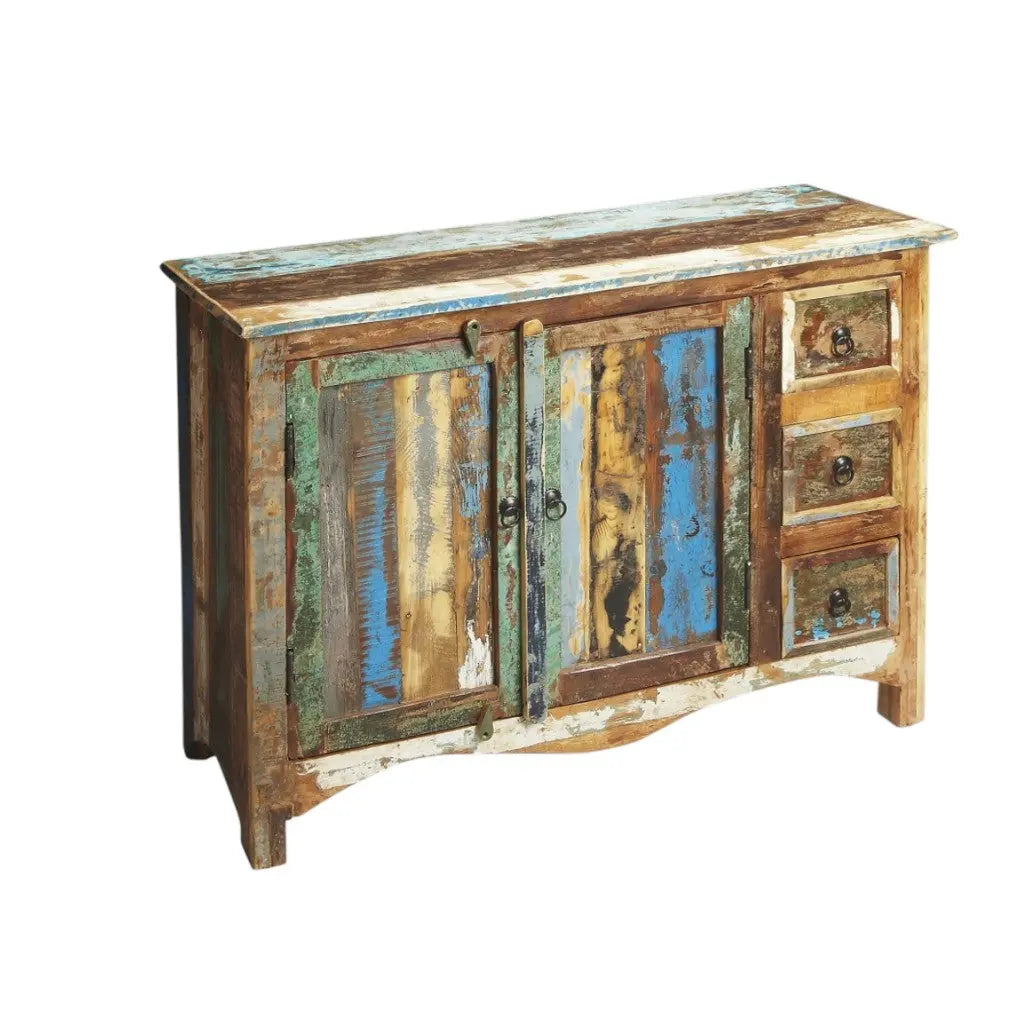 44" Brown Green and Gray Solid Wood Three Drawer Sideboard with Two Doors Homeroots Kitchen & Dining