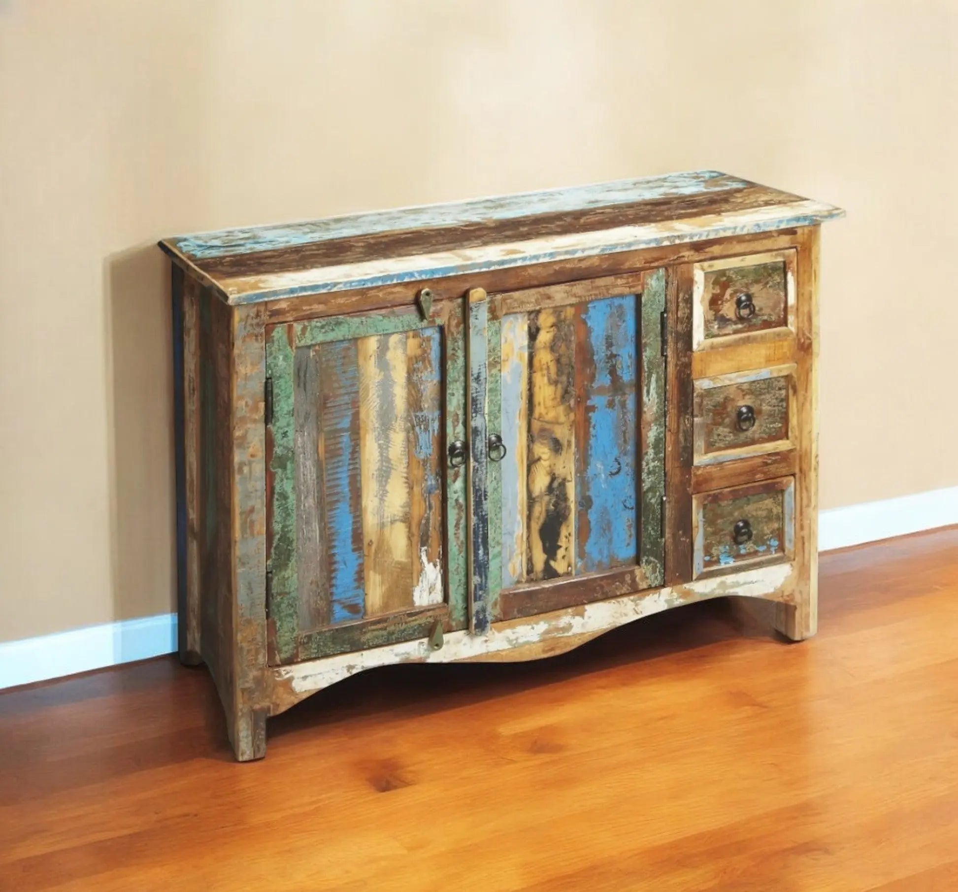 44" Brown Green and Gray Solid Wood Three Drawer Sideboard with Two Doors Homeroots Kitchen & Dining