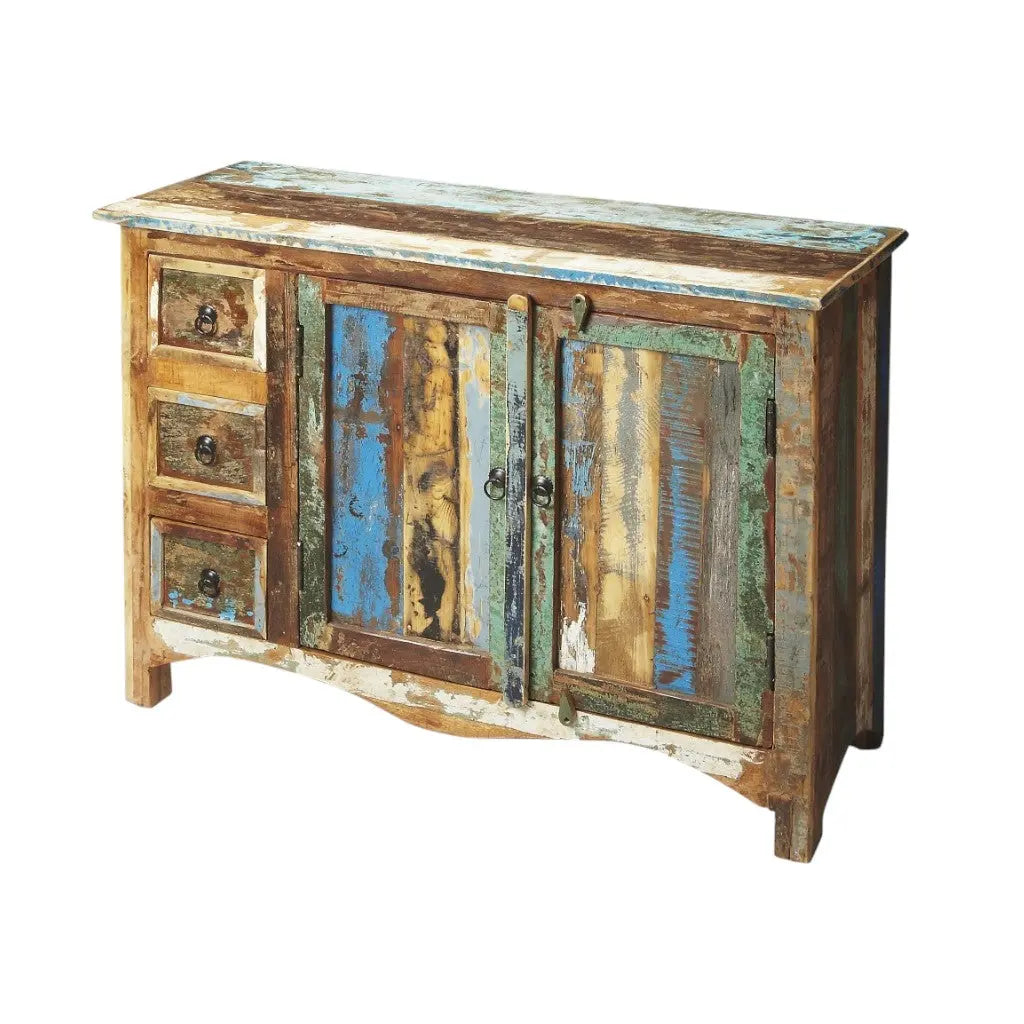 44" Brown Green and Gray Solid Wood Three Drawer Sideboard with Two Doors Homeroots Kitchen & Dining
