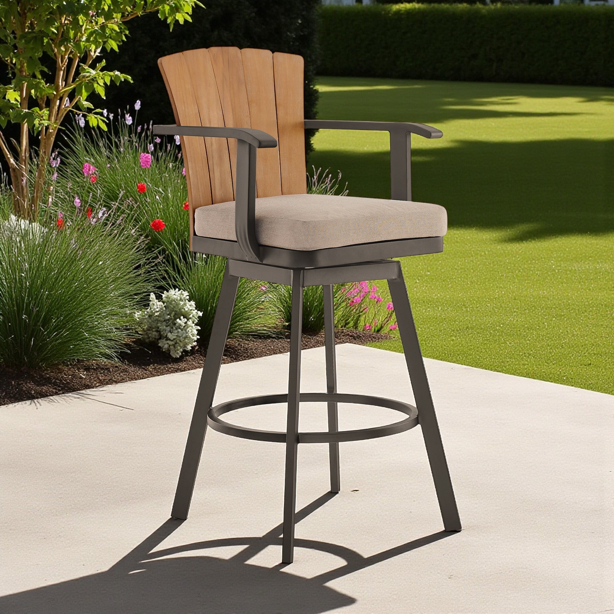44" Brown Metal Swivel Outdoor Bar Height chair with Footrest - GreatEagleInc