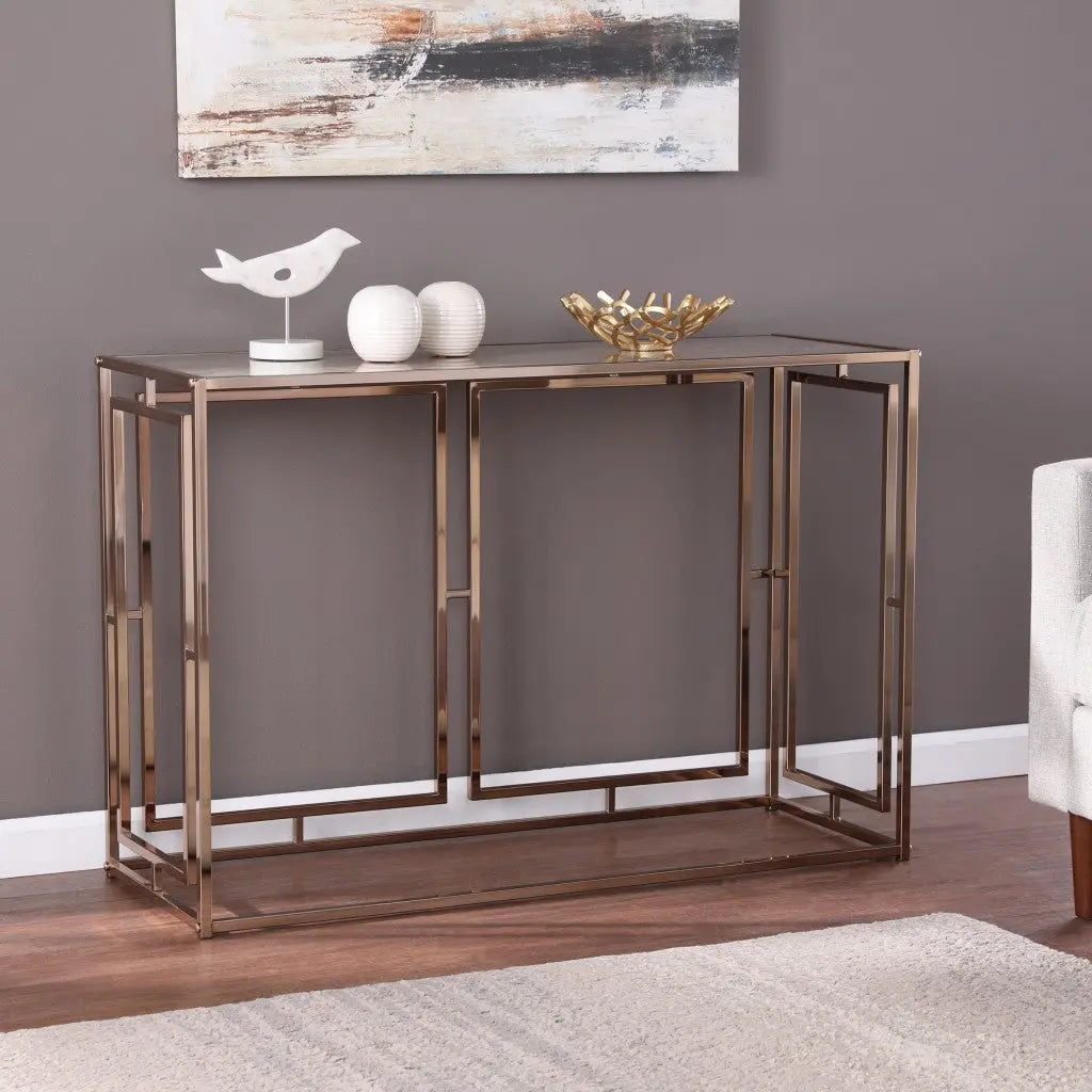 44" Champagne and Gold Faux Marble Frame Console Table Homeroots Living Room