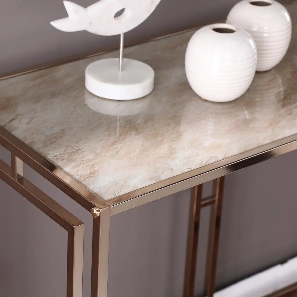 44" Champagne and Gold Faux Marble Frame Console Table Homeroots Living Room