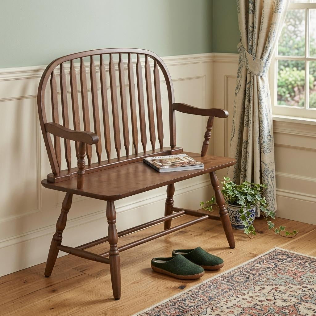 44" Dark Brown Wood Windsor Spindle Back Bench Homeroots Living Room