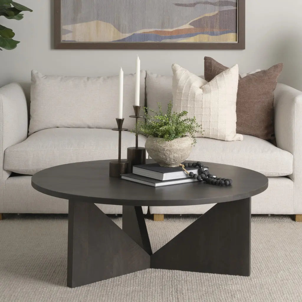 44" Dark Brown and Brown Solid Wood Round Trestle Coffee Table Homeroots Living Room
