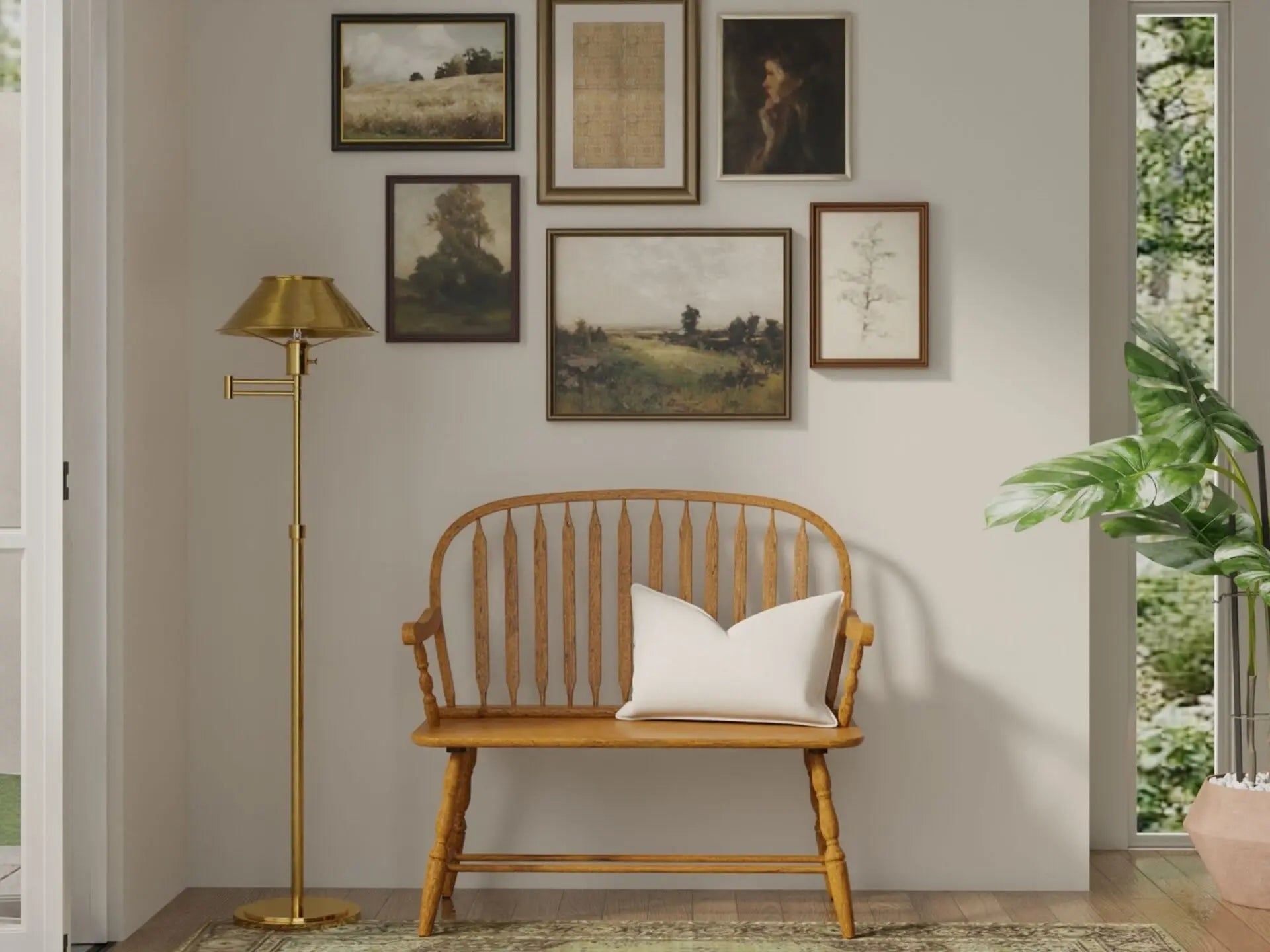 44" Oak Wood Windsor Spindle Back Bench Homeroots Living Room