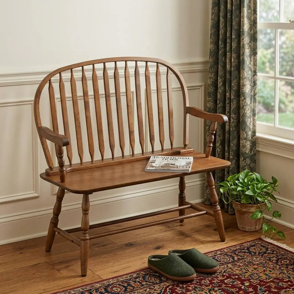 44" Oak Wood Windsor Spindle Back Bench Homeroots Living Room