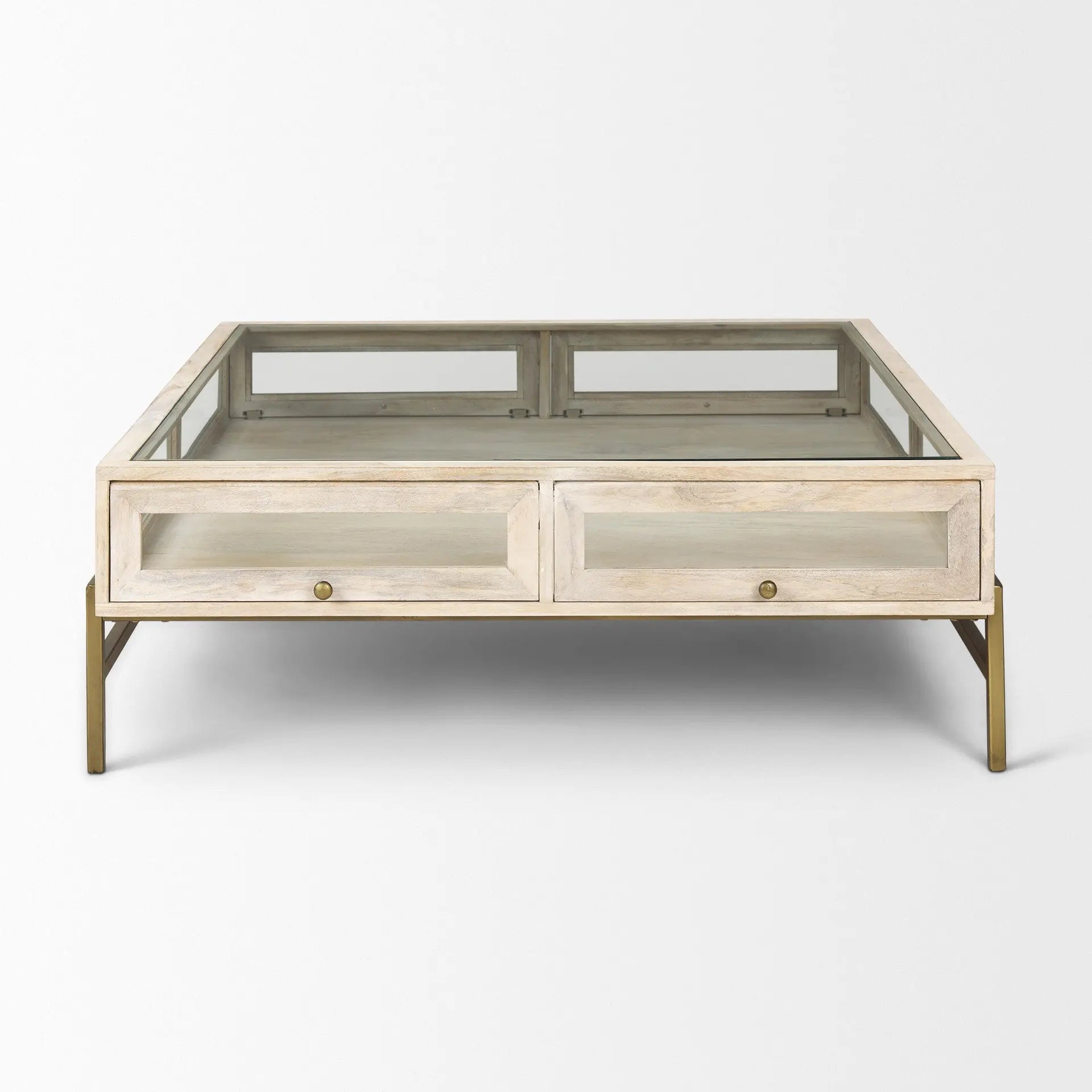 44" Off White Clear And Gold Solid Wood Glass And Iron Storage Coffee Table Homeroots Living Room
