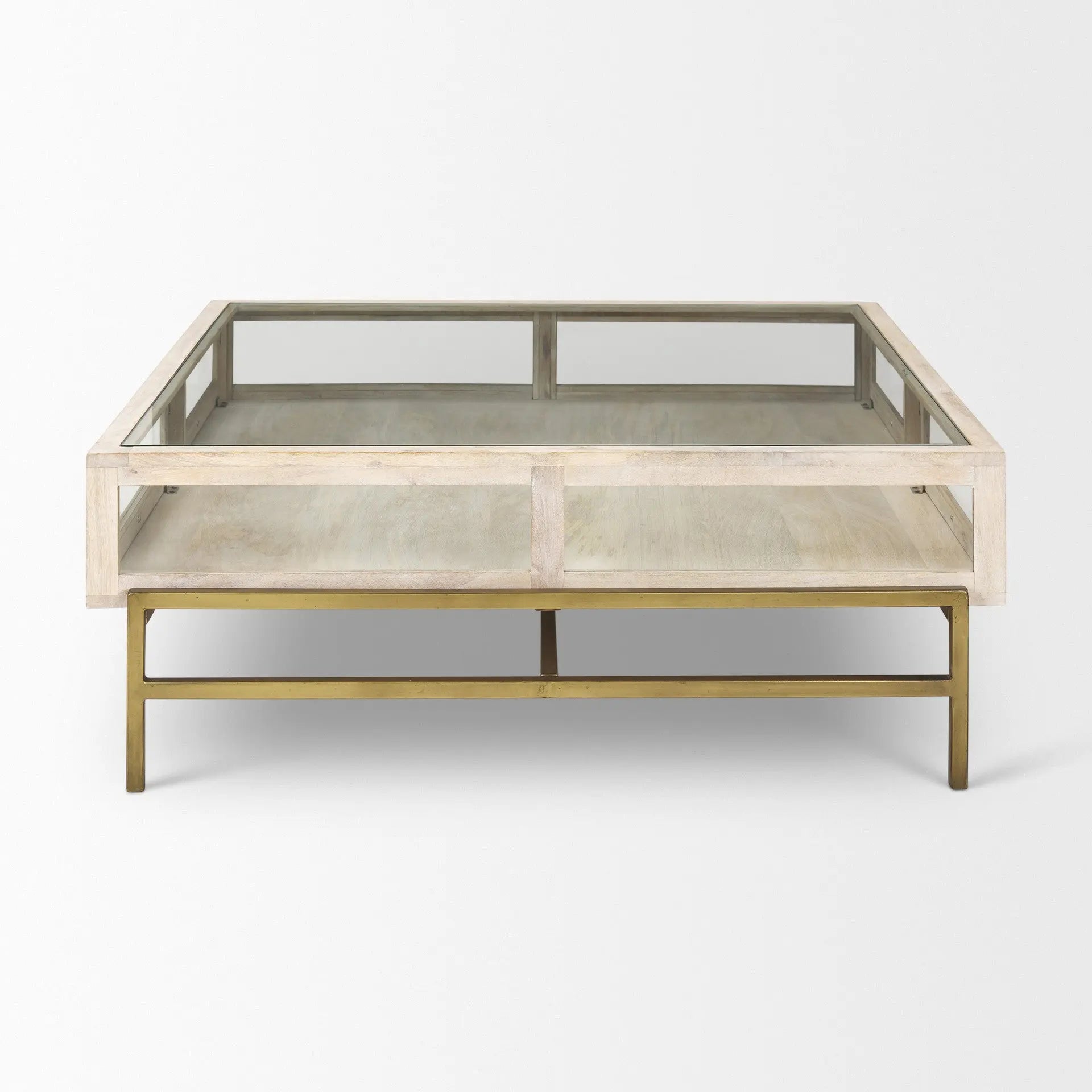 44" Off White Clear And Gold Solid Wood Glass And Iron Storage Coffee Table Homeroots Living Room