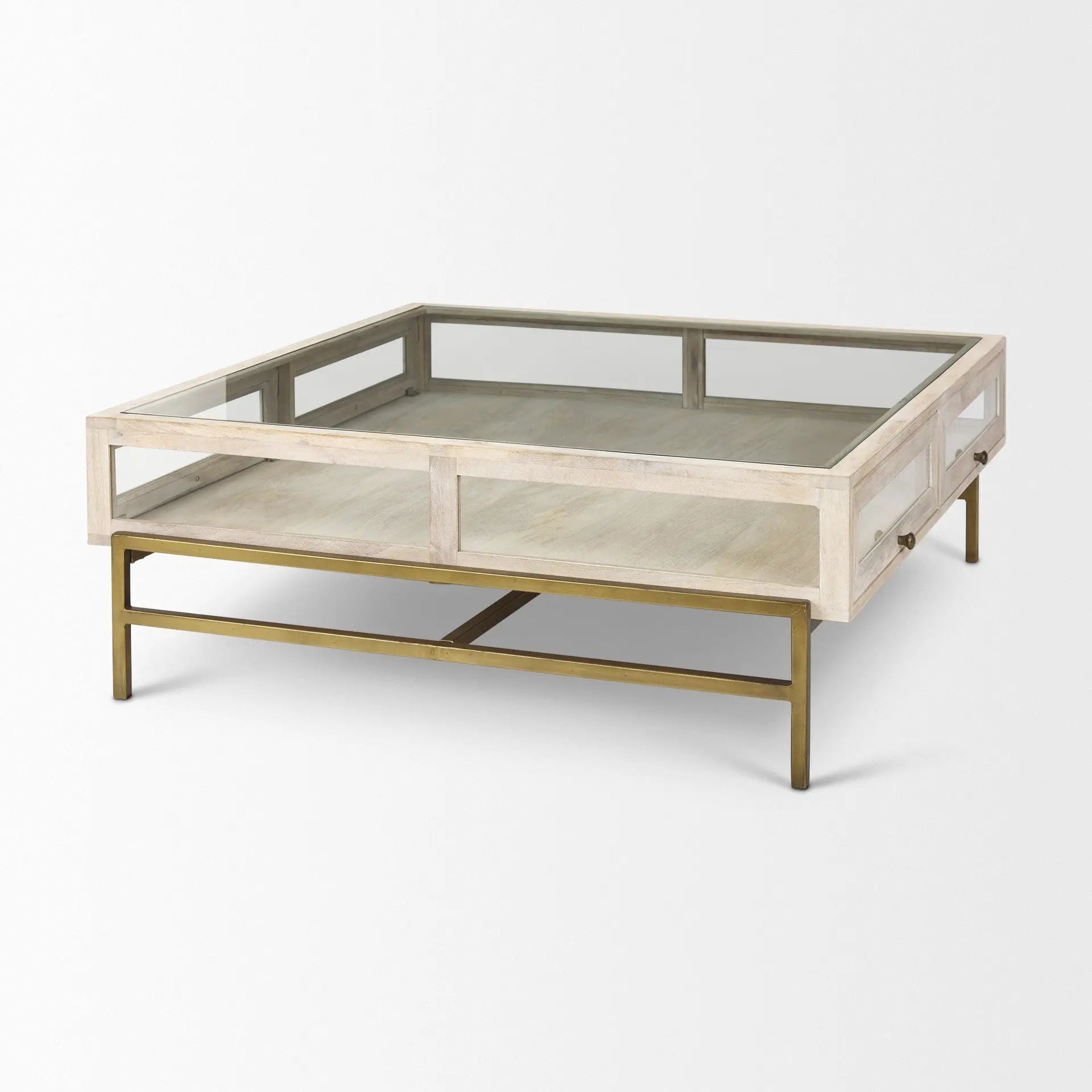 44" Off White Clear And Gold Solid Wood Glass And Iron Storage Coffee Table Homeroots Living Room