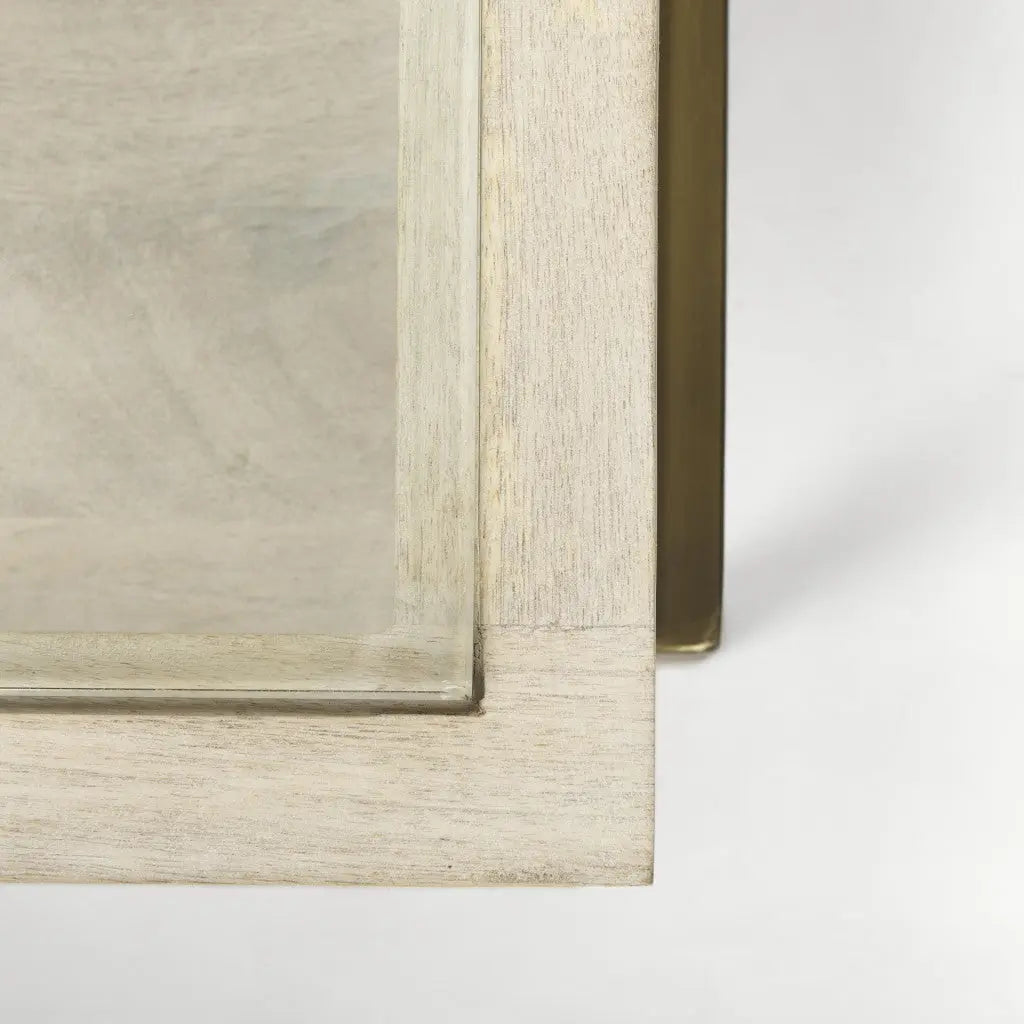 44" Off White Clear And Gold Solid Wood Glass And Iron Storage Coffee Table Homeroots Living Room