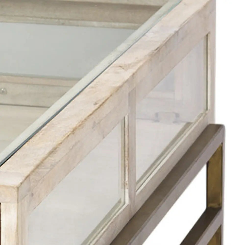 44" Off White Clear And Gold Solid Wood Glass And Iron Storage Coffee Table Homeroots Living Room