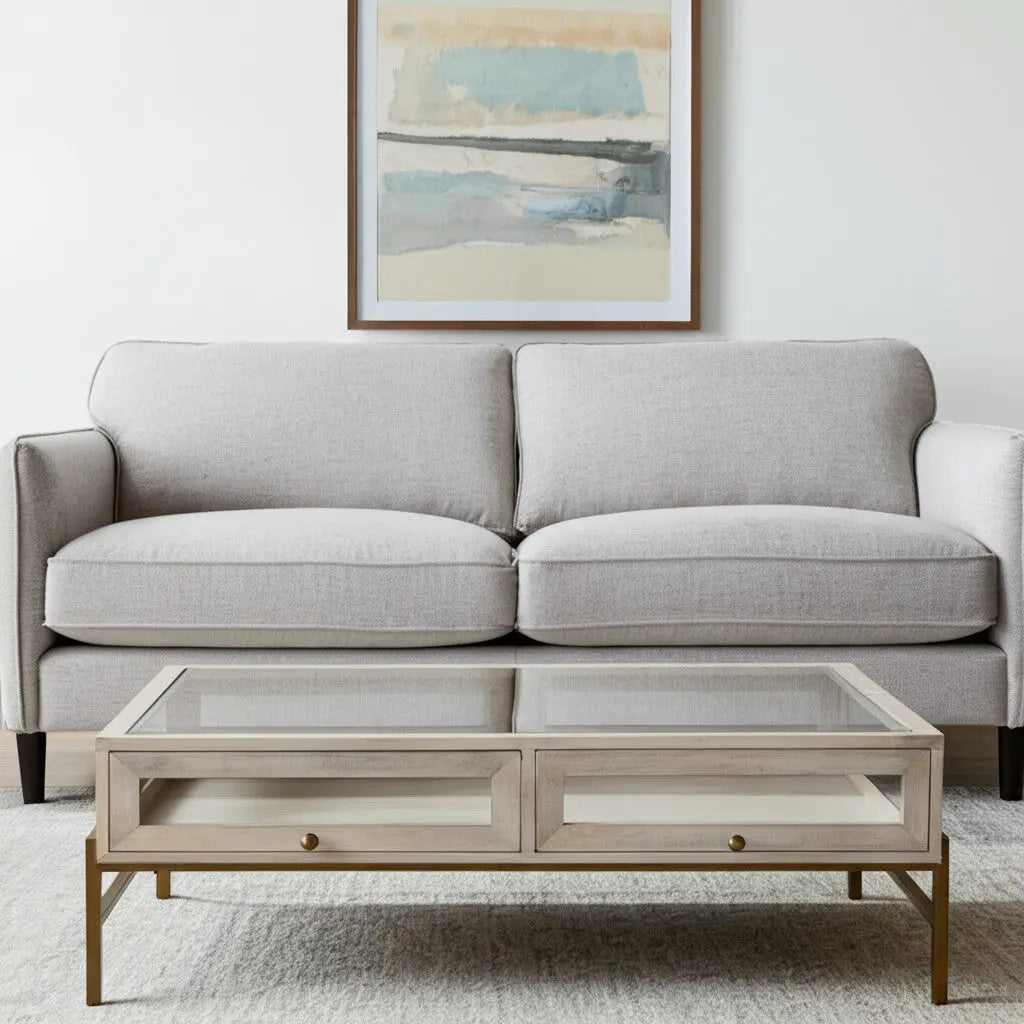 44" Off White Clear And Gold Solid Wood Glass And Iron Storage Coffee Table Homeroots Living Room