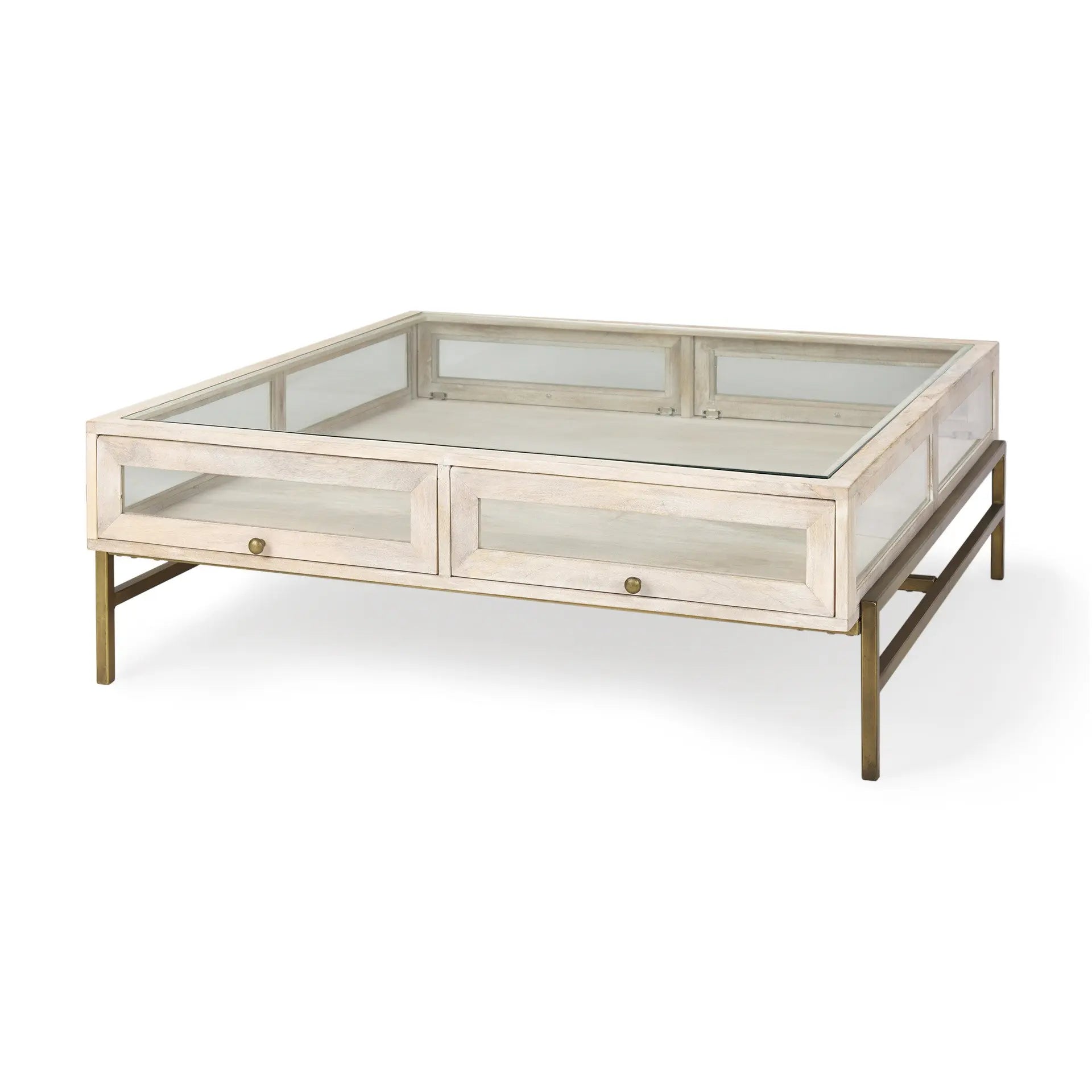 44" Off White Clear And Gold Solid Wood Glass And Iron Storage Coffee Table Homeroots Living Room