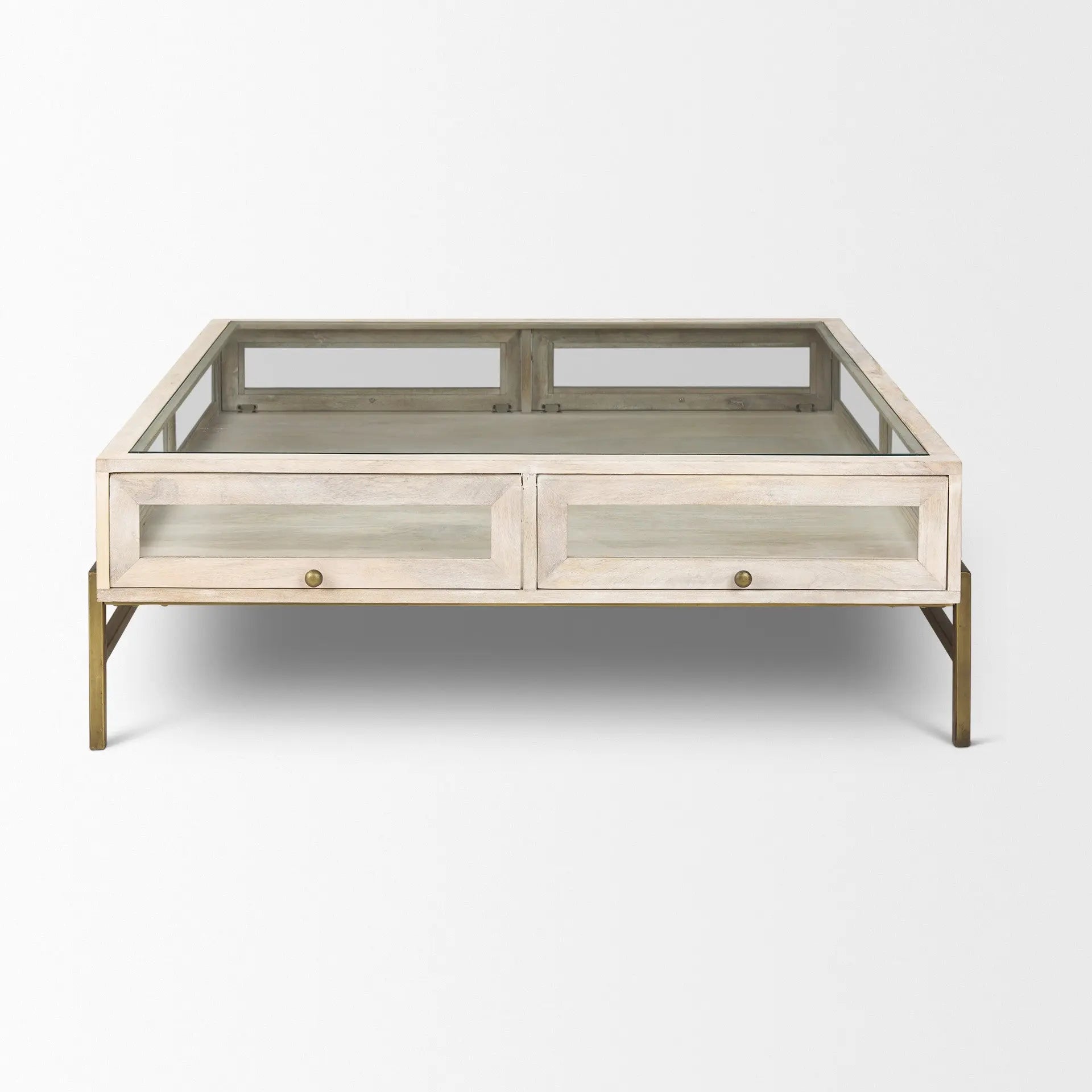 44" Off White Clear And Gold Solid Wood Glass And Iron Storage Coffee Table Homeroots Living Room