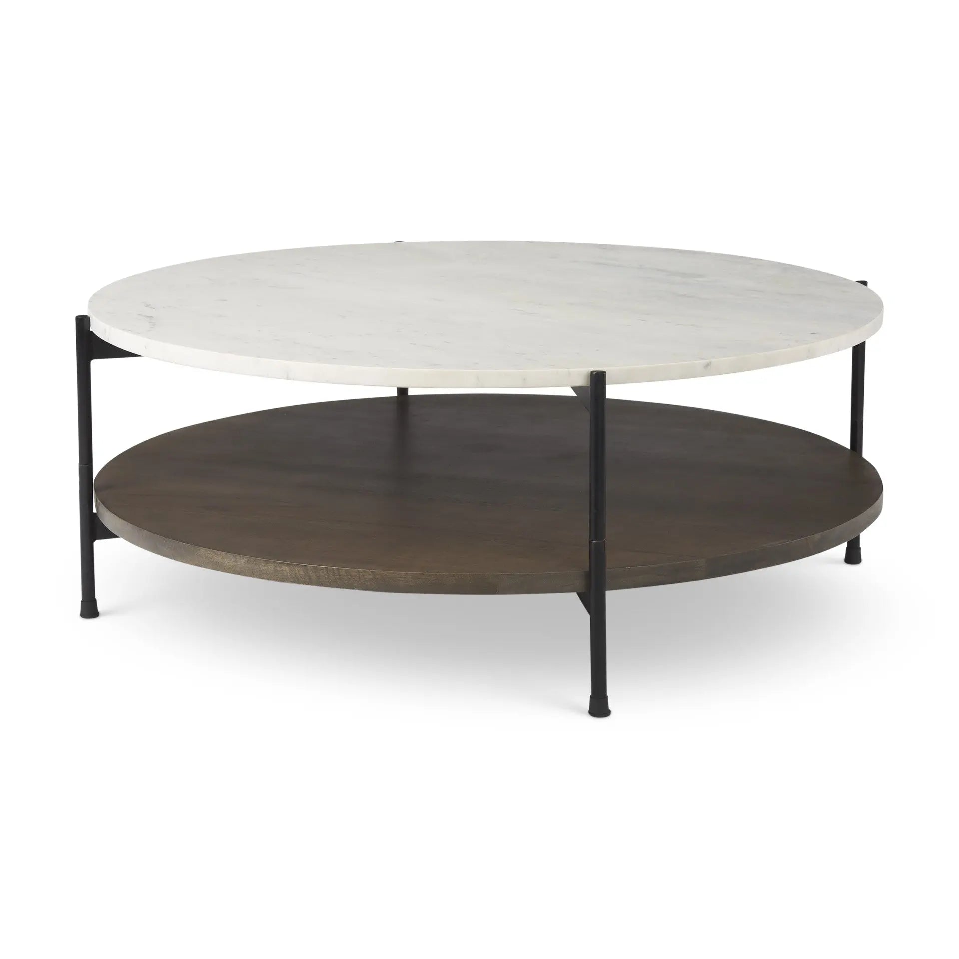 44" White and Brown Stone and Solid Wood Round Coffee Table Homeroots Living Room