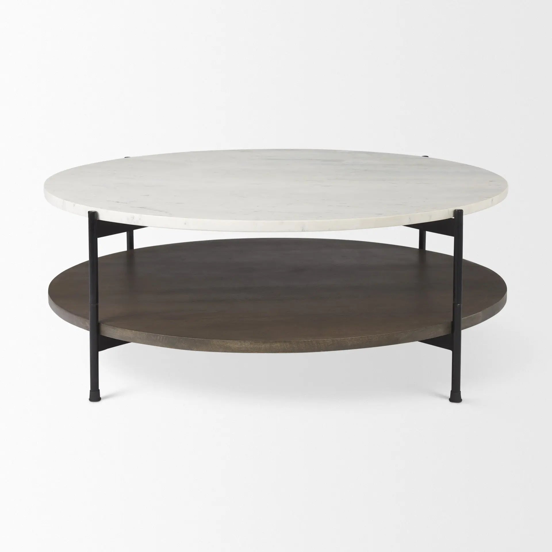 44" White and Brown Stone and Solid Wood Round Coffee Table Homeroots Living Room