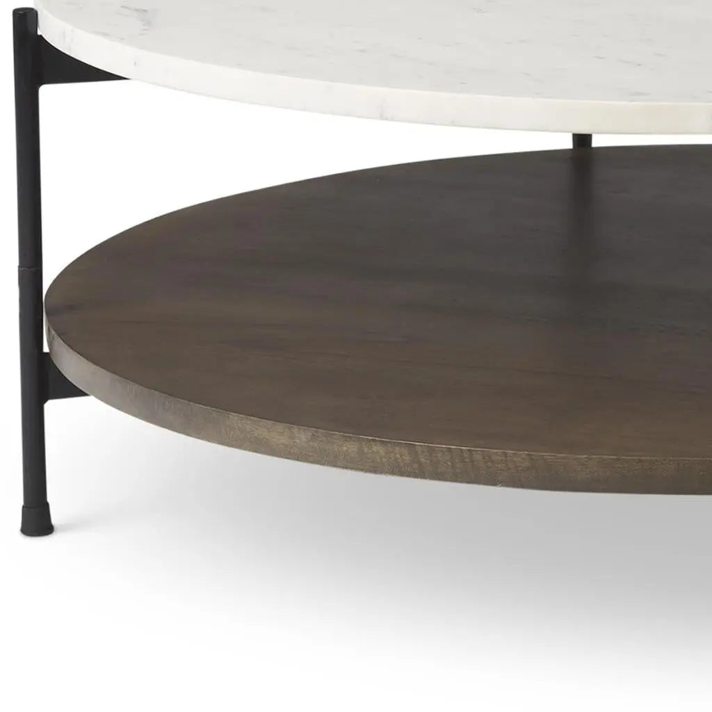 44" White and Brown Stone and Solid Wood Round Coffee Table Homeroots Living Room