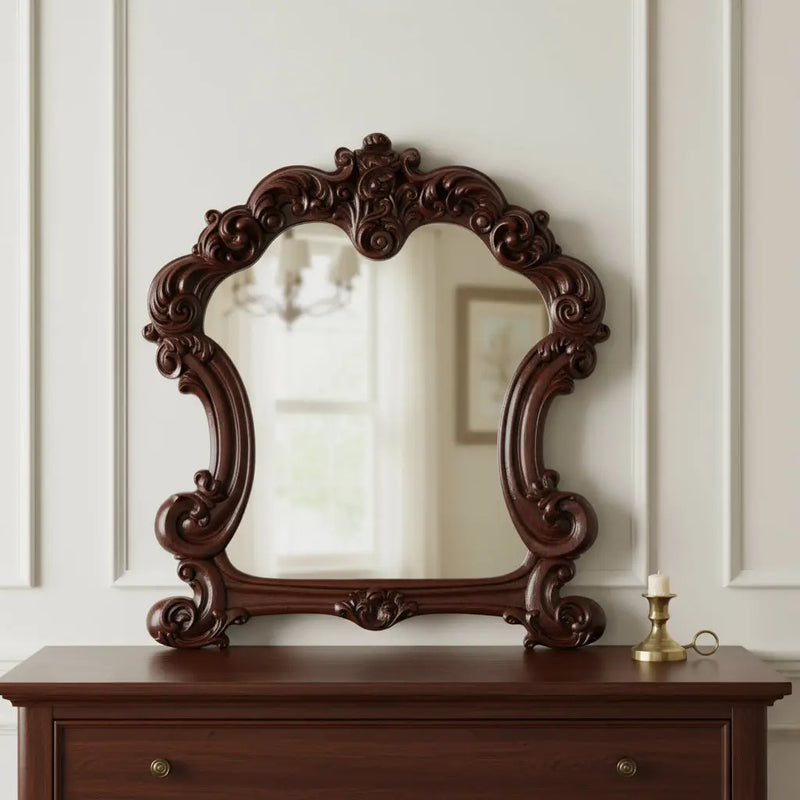 45" Brown Crowned Top Solid Wood Framed Mounted Dresser Mirror Homeroots Bed & Bath