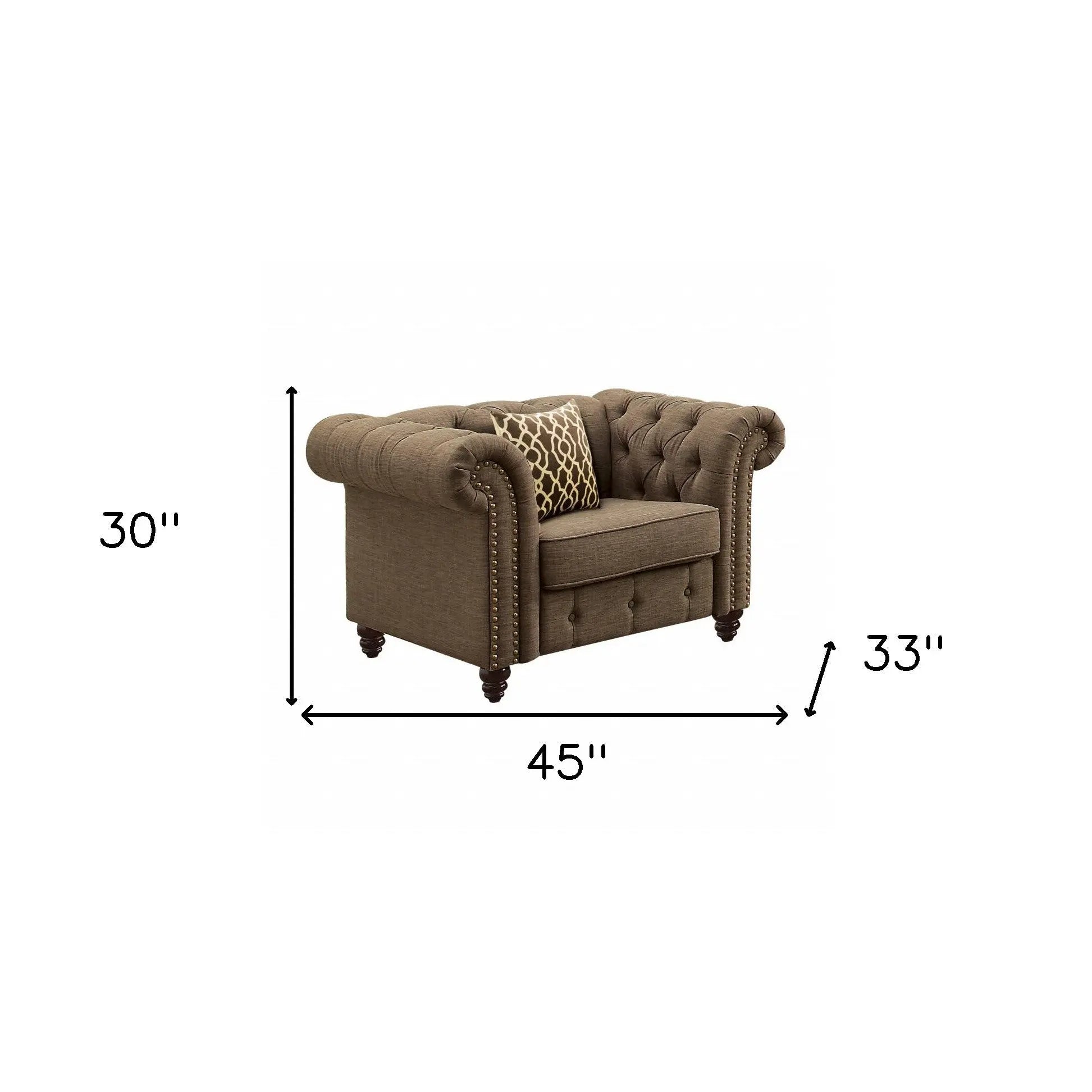 45" Brown and Black Linen Tufted Chesterfield Chair And Toss Pillow Homeroots Living Room