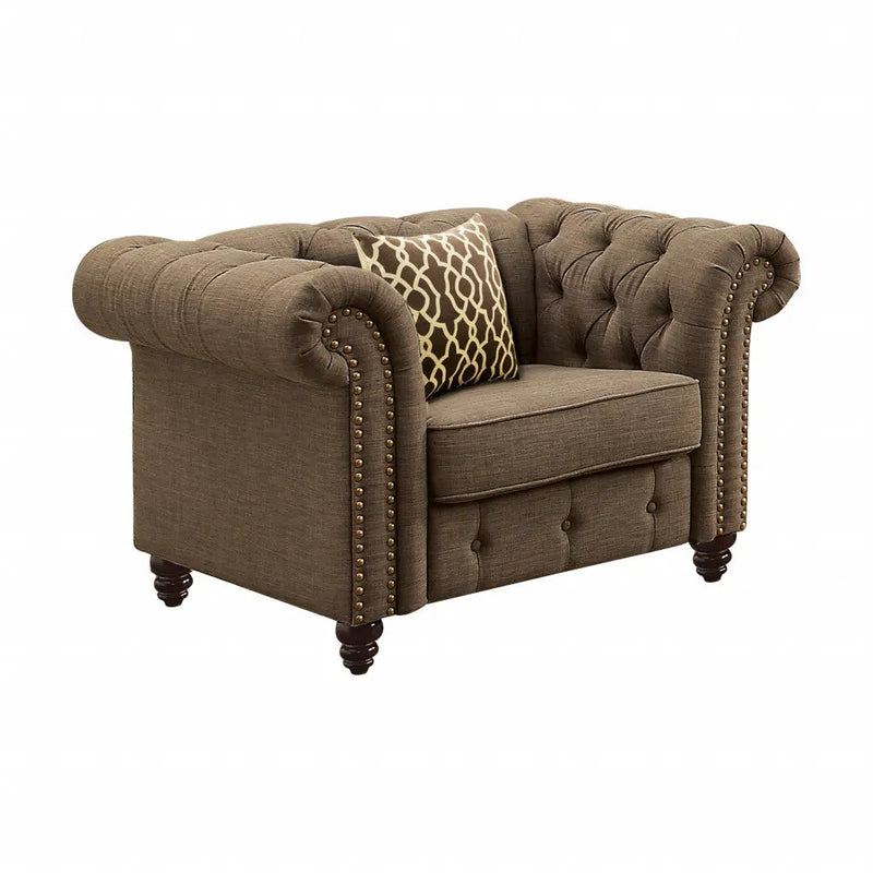 45" Brown and Black Linen Tufted Chesterfield Chair And Toss Pillow Homeroots Living Room