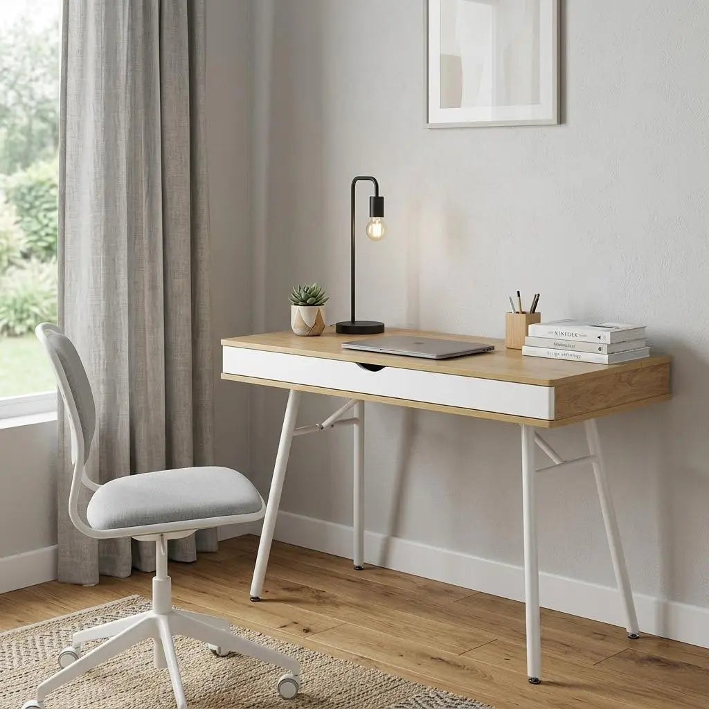 45" Oak and White Wood and Stainless Steel Computer Desk Homeroots Office