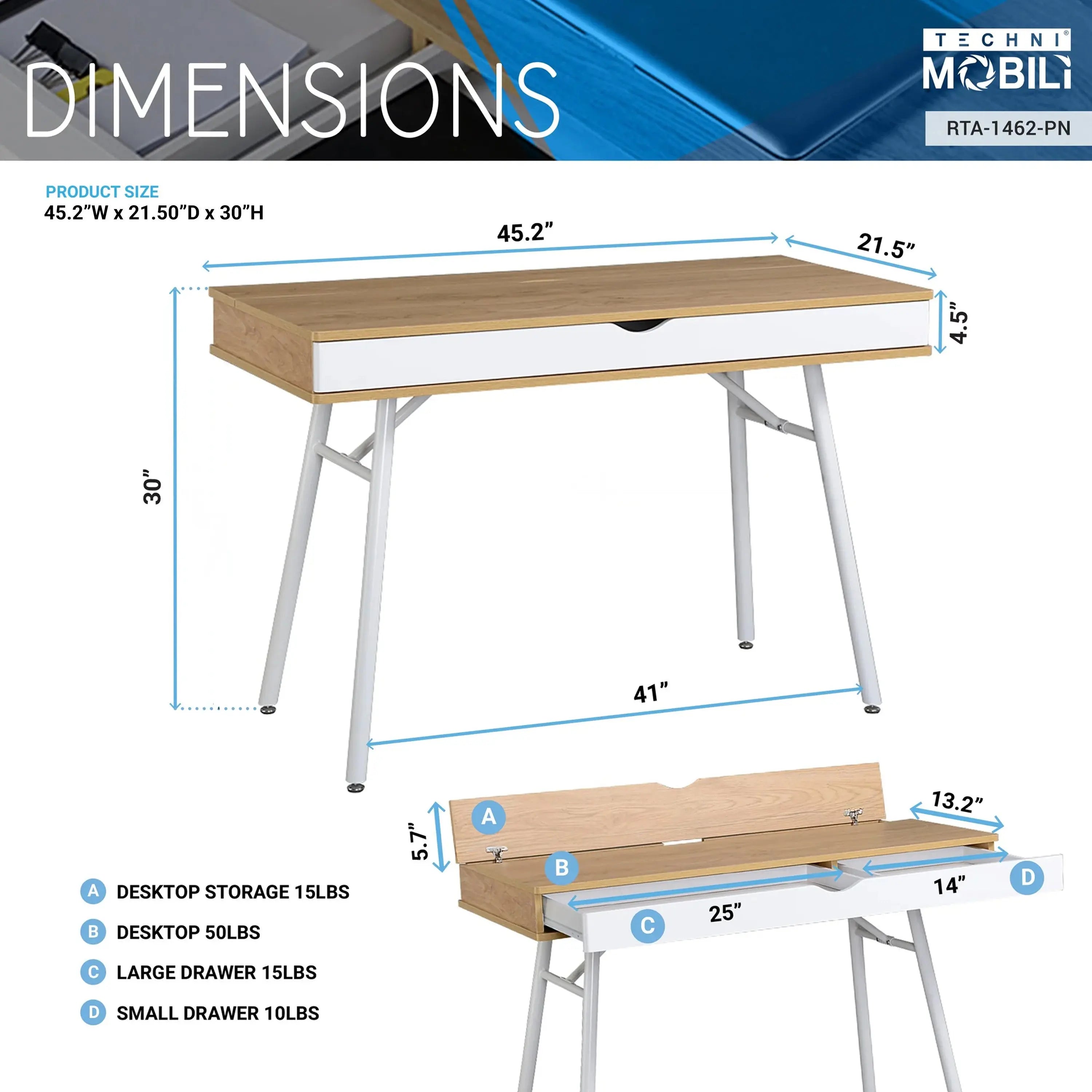 45" Oak and White Wood and Stainless Steel Computer Desk Homeroots Office