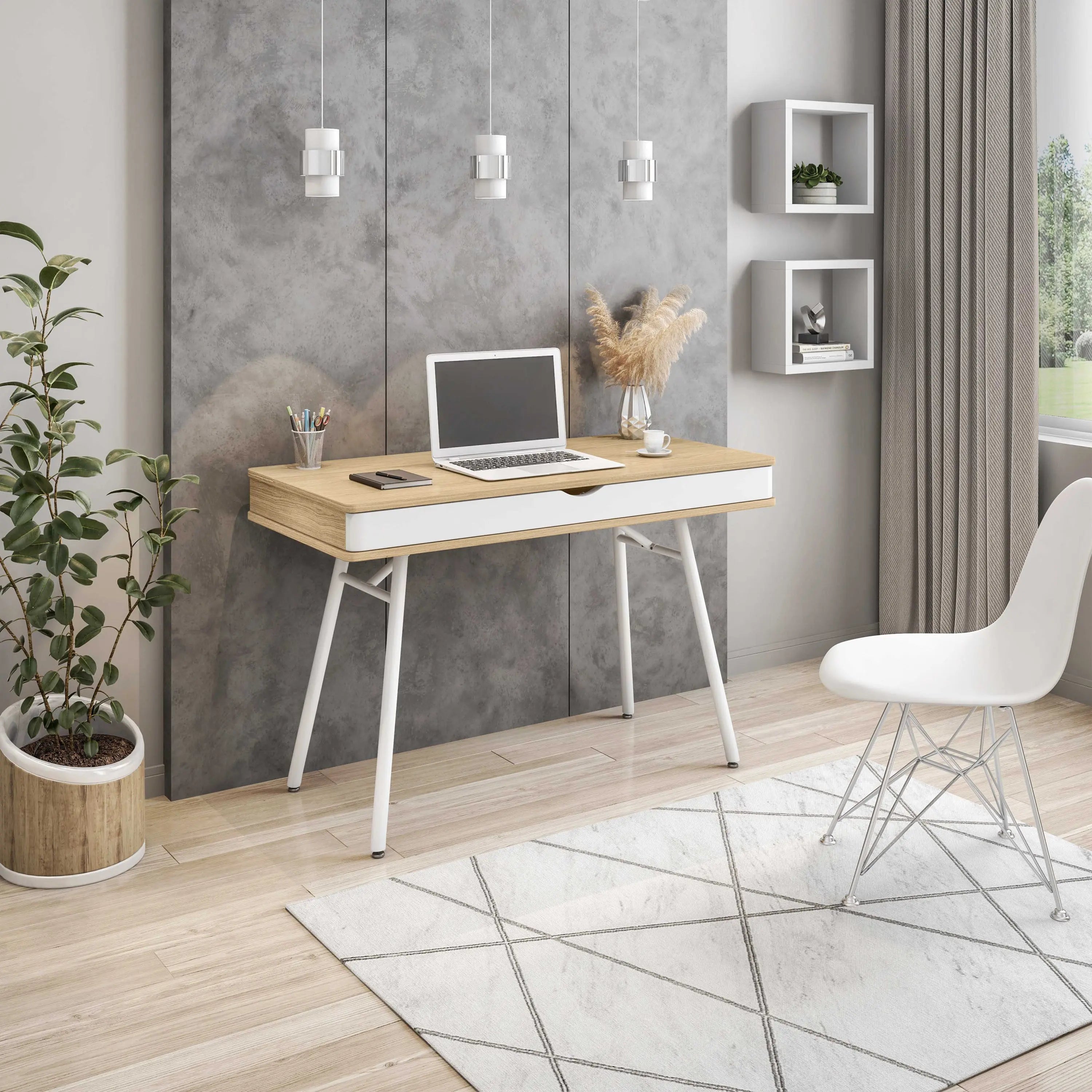 45" Oak and White Wood and Stainless Steel Computer Desk Homeroots Office