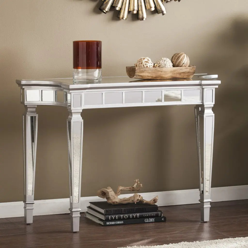 45" Silver Mirrored Glass Free Form Console Table Homeroots Living Room