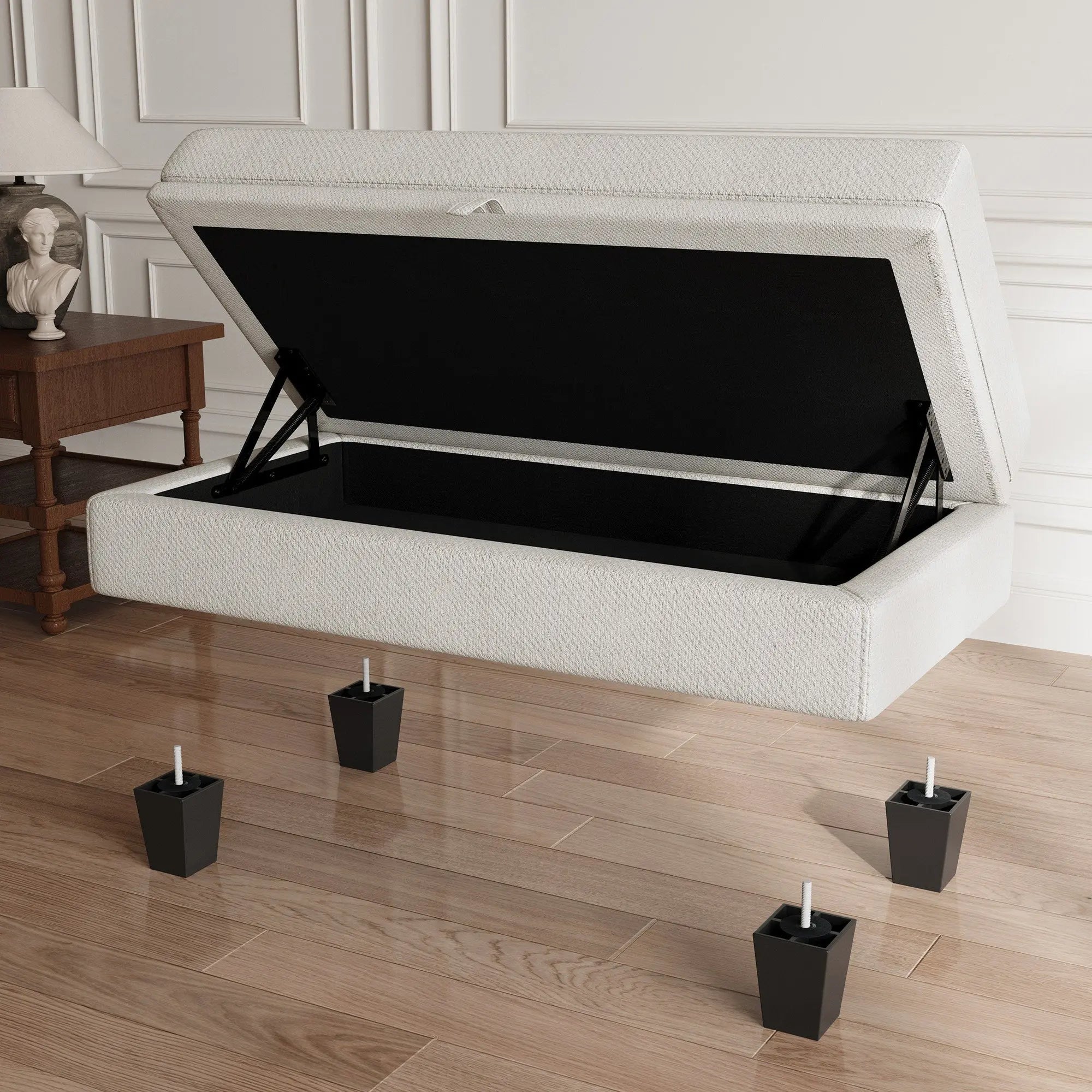 46" Beige and Black Chenille Storage Ottoman Homeroots Living Room