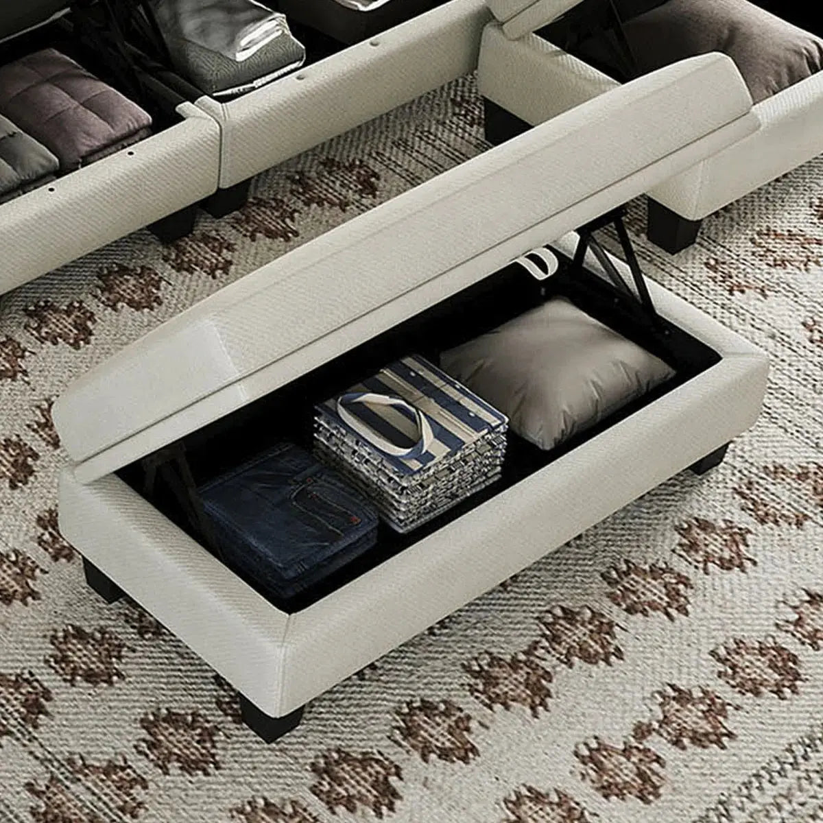 46" Beige and Black Chenille Storage Ottoman Homeroots Living Room