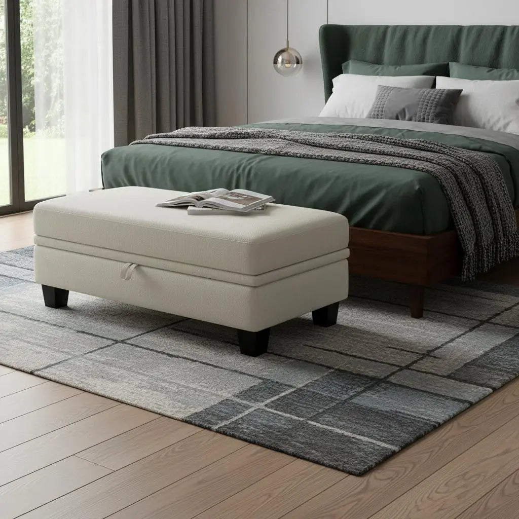 46" Beige and Black Chenille Storage Ottoman Homeroots Living Room