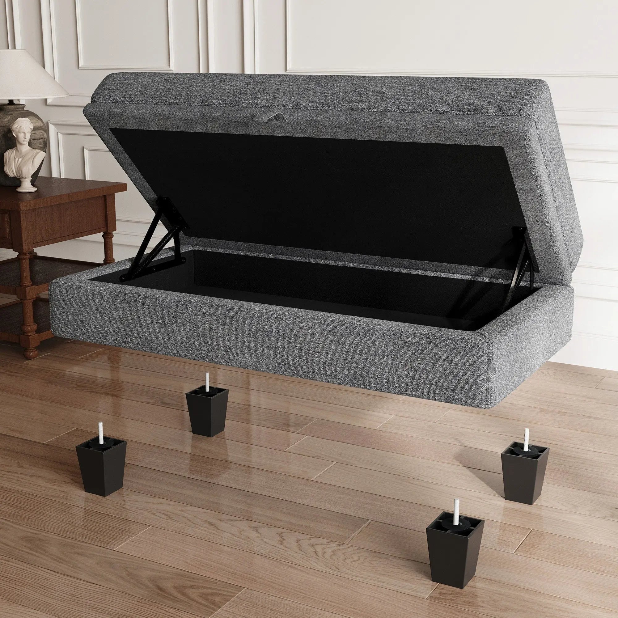 46" Light Gray and Black Chenille Storage Ottoman Homeroots Living Room