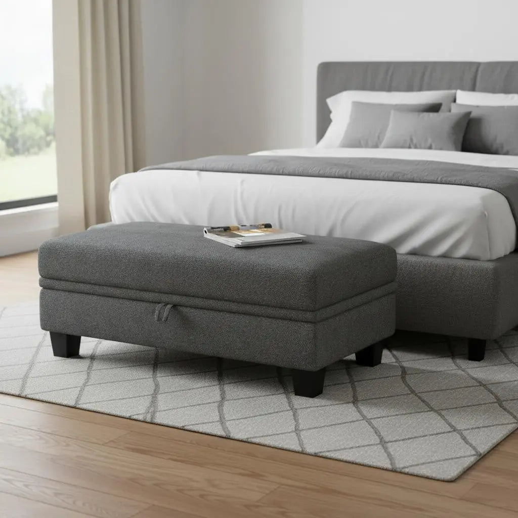 46" Light Gray and Black Chenille Storage Ottoman Homeroots Living Room