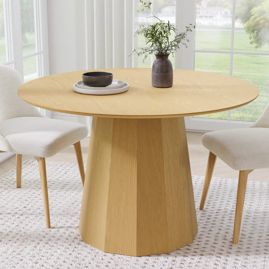 46" Oak Wood Pedestal Base Beveled Edge Round Top Dining Table Homeroots Kitchen & Dining