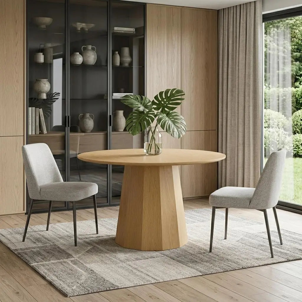 46" Oak Wood Pedestal Base Straight Edge Round Top Dining Table Homeroots Kitchen & Dining