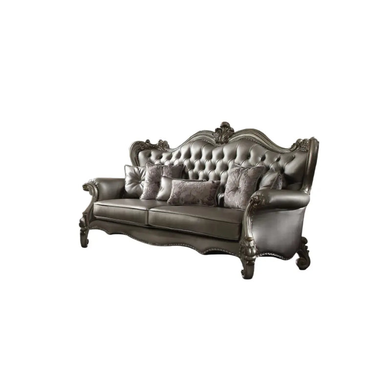 46" Platinum Faux Leather Curved Sofa And Toss Pillows Homeroots Living Room