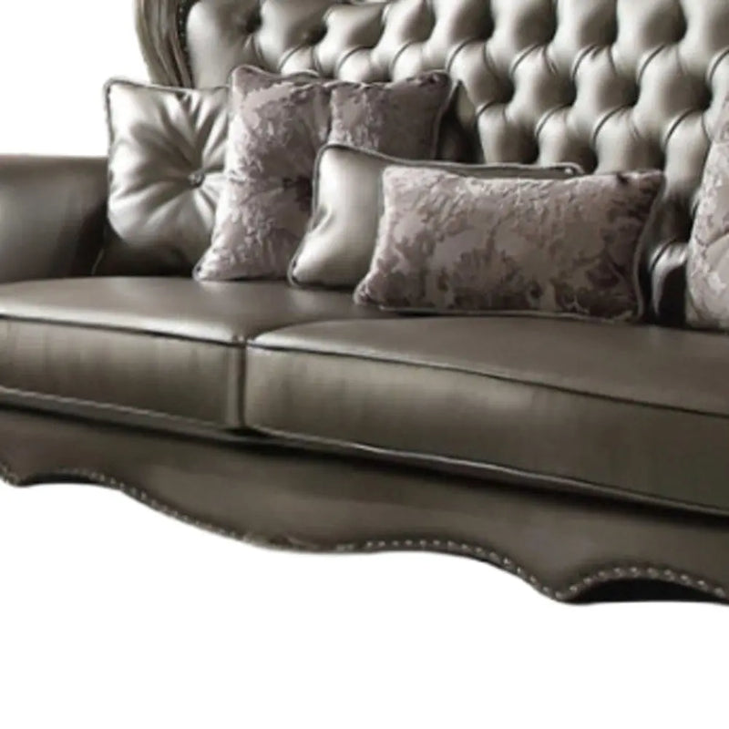 46" Platinum Faux Leather Curved Sofa And Toss Pillows Homeroots Living Room