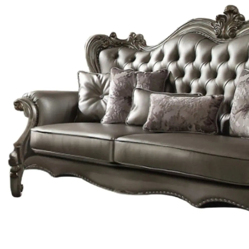 46" Platinum Faux Leather Curved Sofa And Toss Pillows Homeroots Living Room