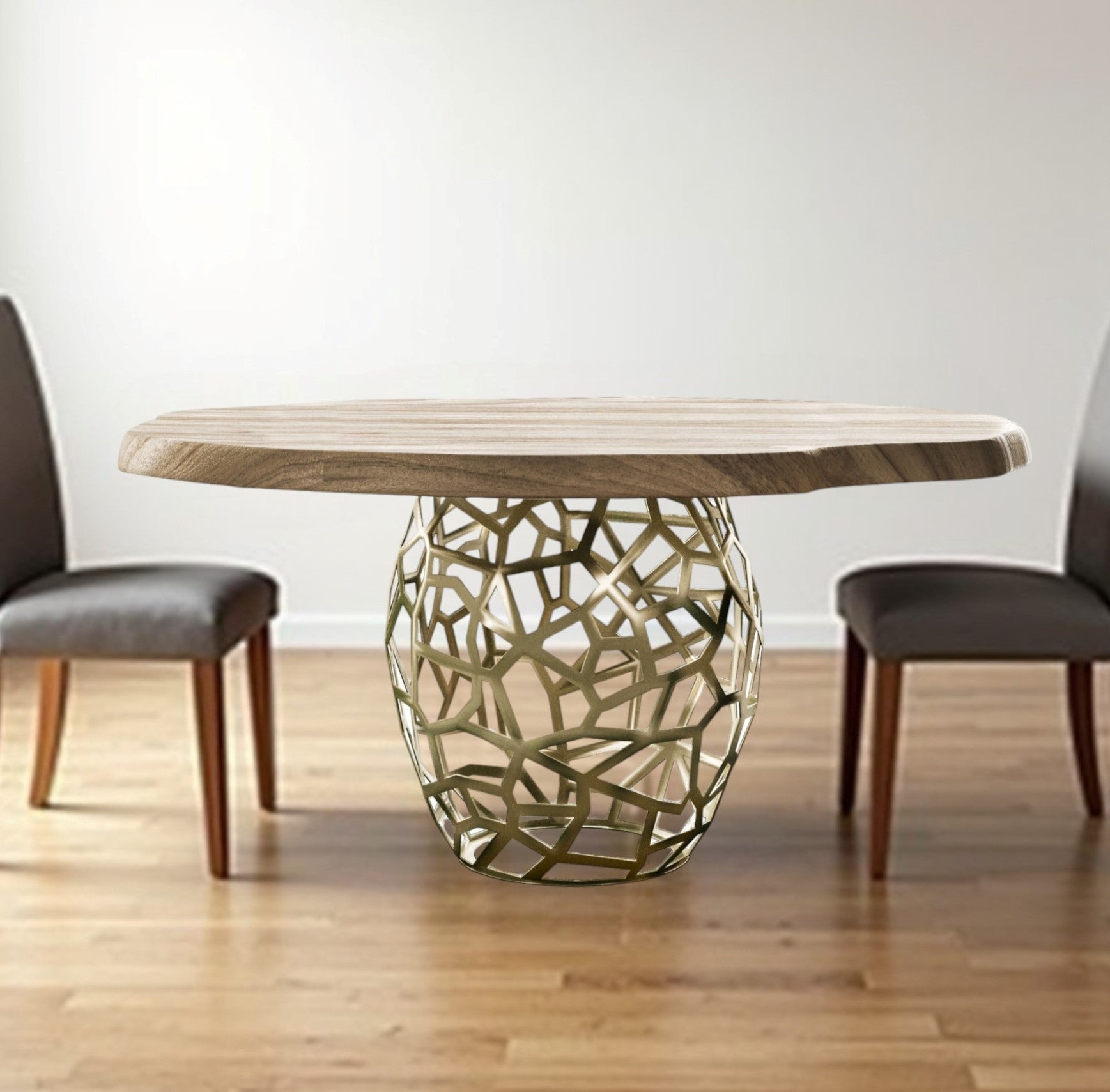 47" Acacia Live Edge Rounded Solid Wood And Brass Dining Table - GreatEagleInc