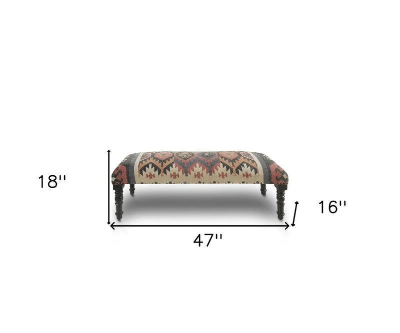 47" Beige Brown and Rust and Black Jute and Wool Blend Upholstered Southwest Distressed Bench Homeroots Living Room