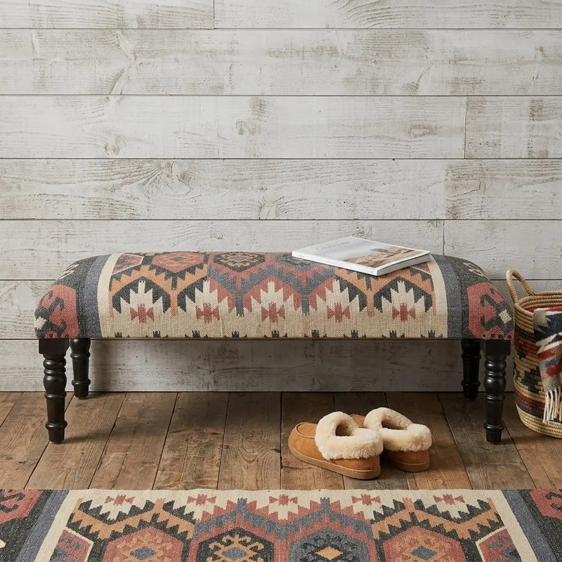 47" Beige Brown and Rust and Black Jute and Wool Blend Upholstered Southwest Distressed Bench Homeroots Living Room