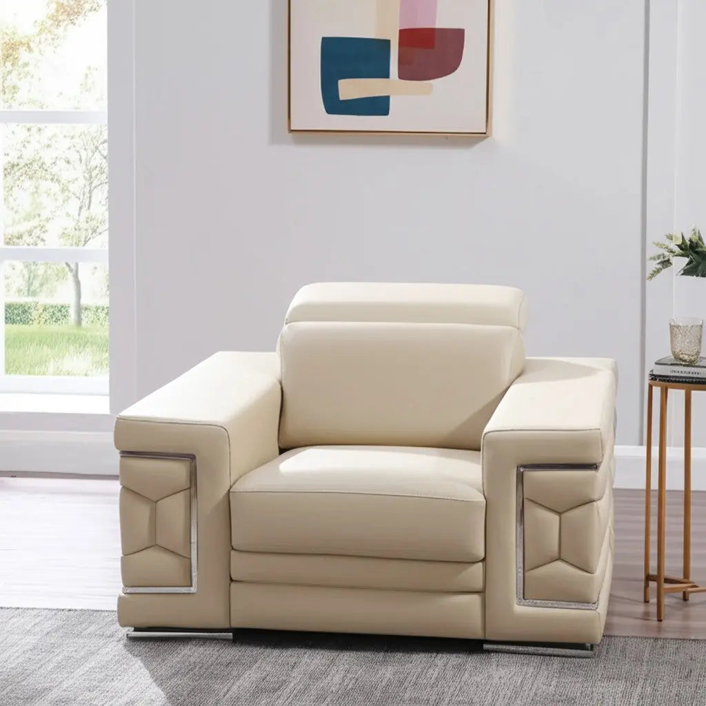 47" Beige and Silver Genuine Leather Club Chair Homeroots Living Room