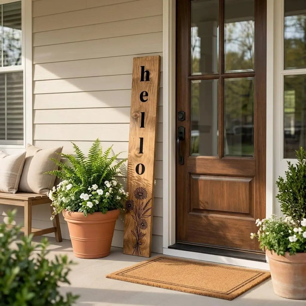 47" Black And Natural Solid Wood Wildflowers Hello Porch Sign Homeroots Outdoor