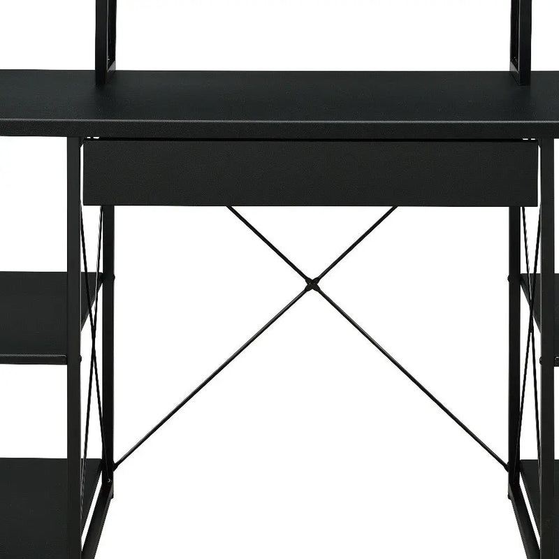 Black metal desk with a sleek design, featuring a central drawer and open shelving for modern workspace efficiency.